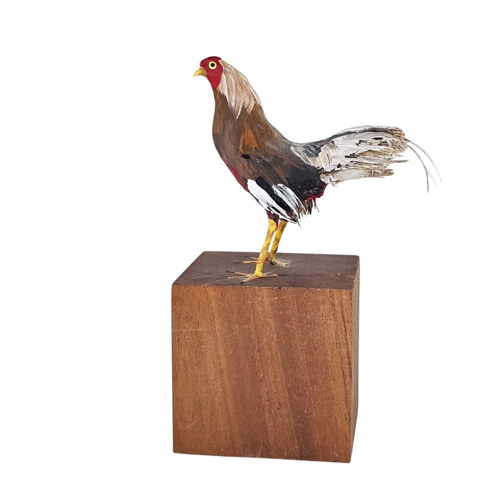 Handmade Rooster Sculpture Wood Base Puerto Rican Folk Art Chicken Signed
